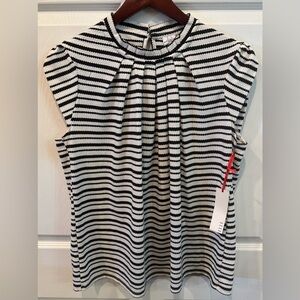 ELLE Black & White Geometric Scallop Stripe Cap Sleeve High Neck Top Size Large